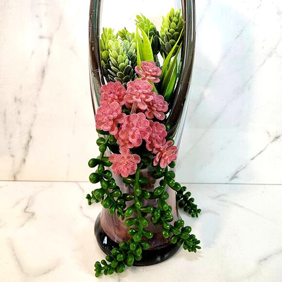 Vintage Hand-Blown Art Glass Basket Vase Swirl Purple Gray Stretched Handle - Picture 8 of 10